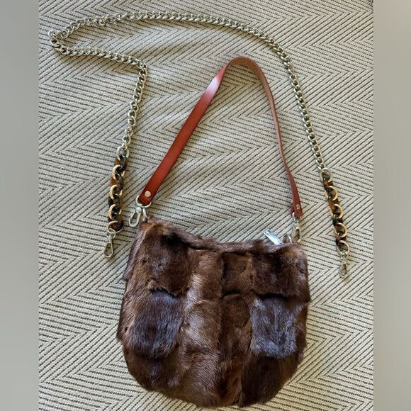 Natural Brown Handmade Real Mink Fur Half Moon Shoulder Bag/Crossbody - Picture 10 of 16